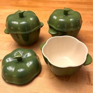 Set of  3 World Market Bakeware Ceramic Green Bell Pepper dishes with lids.